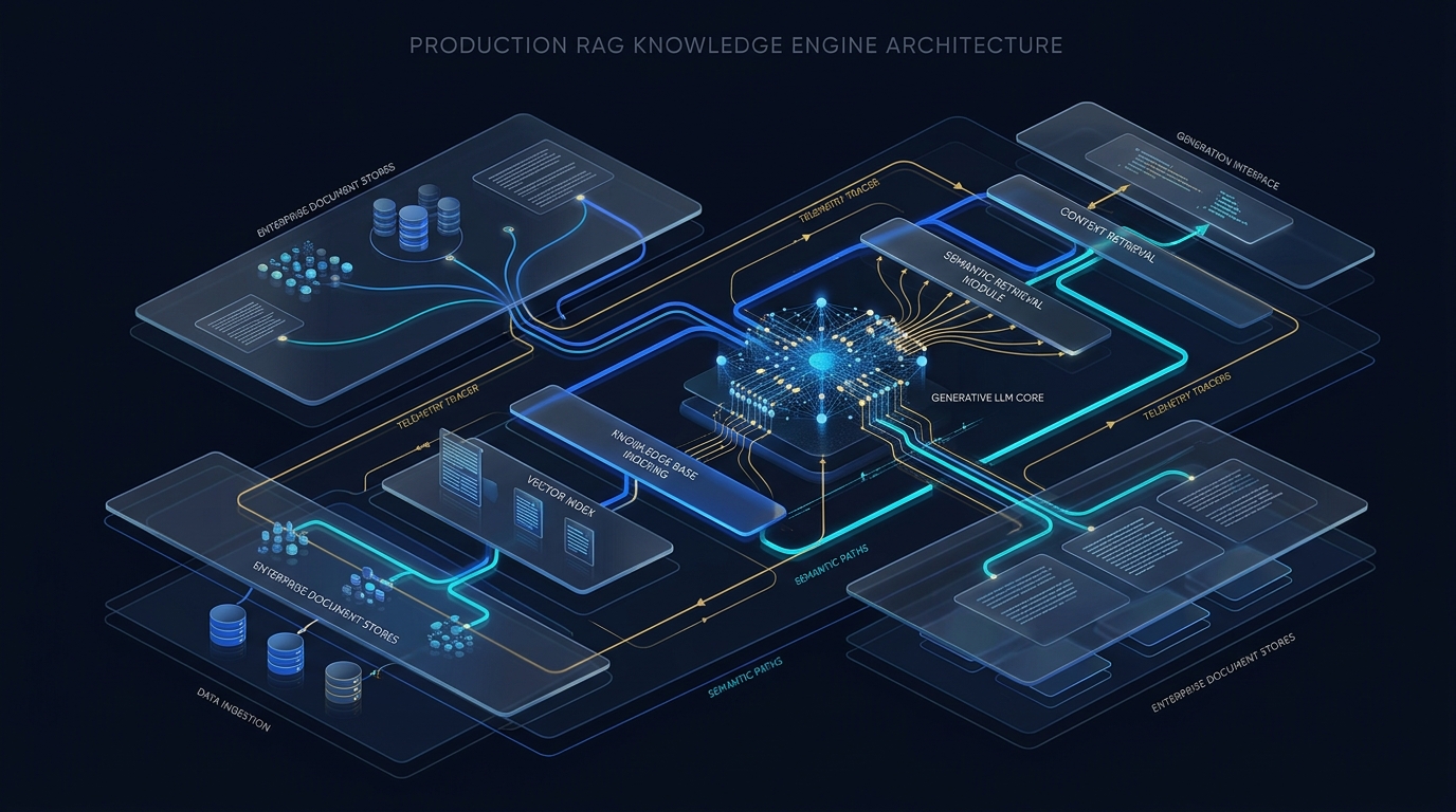 Enterprise RAG production architecture diagram with neural knowledge graph and vector pipeline