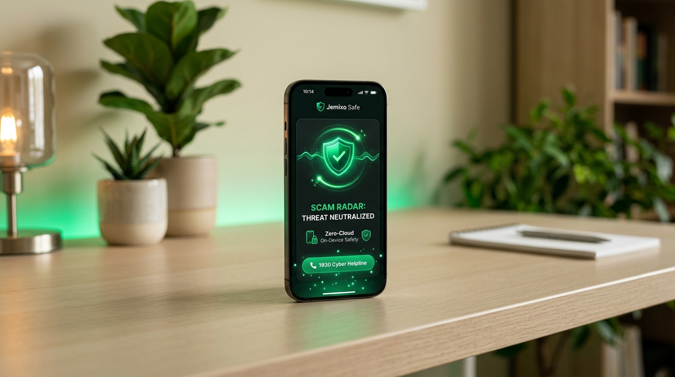 Jemixo Safe mobile security app defending against digital arrest scam calls and malicious APKs