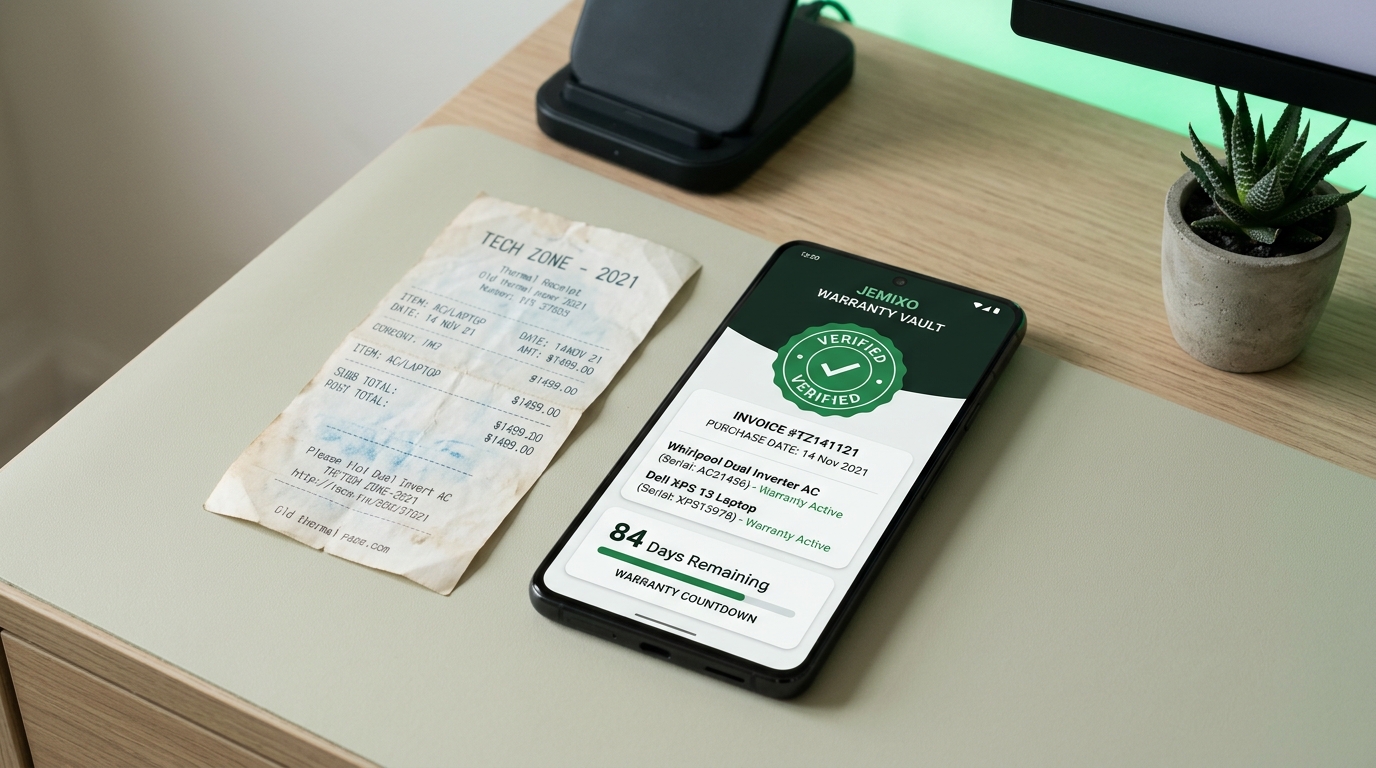 Faded thermal paper store receipt next to smartphone running Jemixo Warranty Vault app